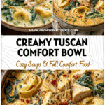 Bowl of creamy chicken tortellini soup with spinach and Tuscan herbs on a rustic table